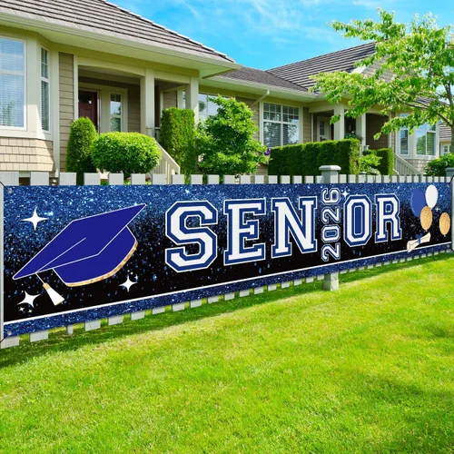 Decoraciones de fiesta de graduación azul y blanco para personas mayores 2026, cartel más grande para patio, jardín, jardín, para clase de 2026,