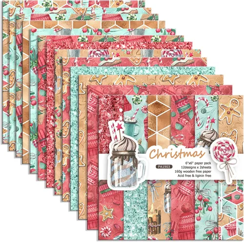 Miniatura 18 de Papel para álbum de recortes con patrón navideño, suministros de producción de tarjetas de 6 pulgadas, 24 hojas de cartulina libre de ácido de un