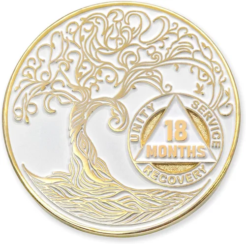 Miniatura 118 de 20 Year Sobriety Mint Twisted Tree of Life - Medallón de recuperación AA chapado en oro, fichas y fichas, color negro
