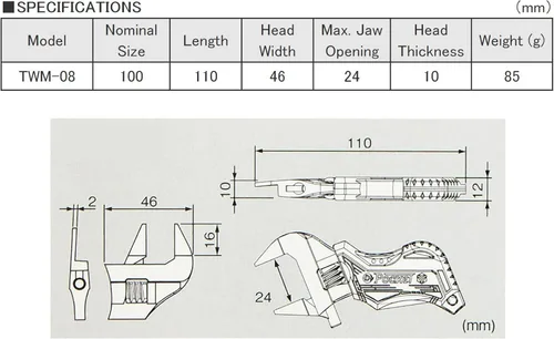 Miniatura 3 de Engineer TWM-08 - Llave ajustable de bolsillo compacta de 110 mm con mordazas ultra delgadas de 2 mm y cubierta de mango cómoda (TPR)