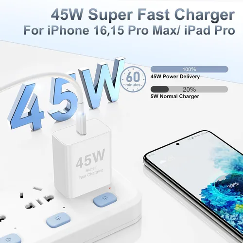 Miniatura 2 de 𝟐Pack 𝟒𝟓W Cargador Rápido para iPhone 17 16 15, Bloque de Carga USB C y Cable de 10 pies Tipo C a C Largo para Apple iPhone 17 Pro Max/17 Air/16