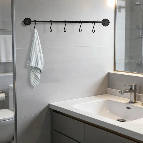 Miniatura 5 de Toallero de 21.6 pulgadas con 5 ganchos en forma de S, toallero de acero inoxidable negro para baño y baño, montado en la pared, para ollas