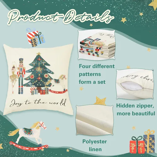 Miniatura 4 de Juego de 4 fundas de almohada con diseño de cascanueces y ballet de Feliz Navidad, fundas de almohada decorativas para el hogar, sofá, cama, silla