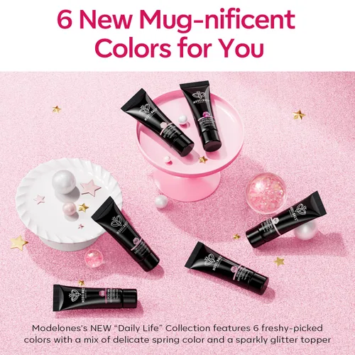 Miniatura 8 de Modelones - Juego de gel de uñas de polietileno, 6 colores de la colección Confeti Rosa, rosa desnudo, colores con purpurina, gel de extensión