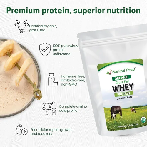 Miniatura 4 de Proteína de suero de leche orgánica en polvo, 5 libras, alimentada con hierba, sin sabor, sin hormonas, sin OMG, sin gluten, proteína premium