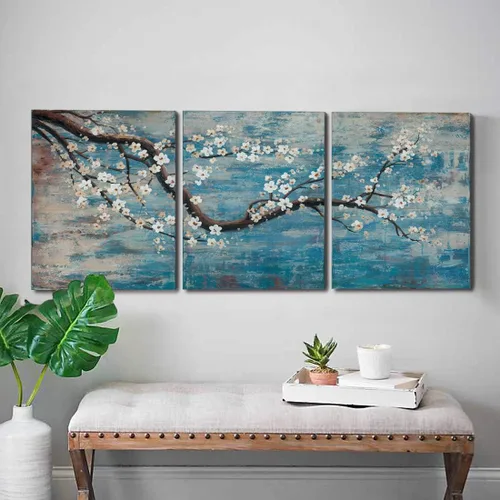 Miniatura 13 de AMATOP Arte de pared turquesa 100% pintado a mano, pintura al óleo de paisaje forestal en lienzo, obra de arte enmarcada original, pájaro dorado