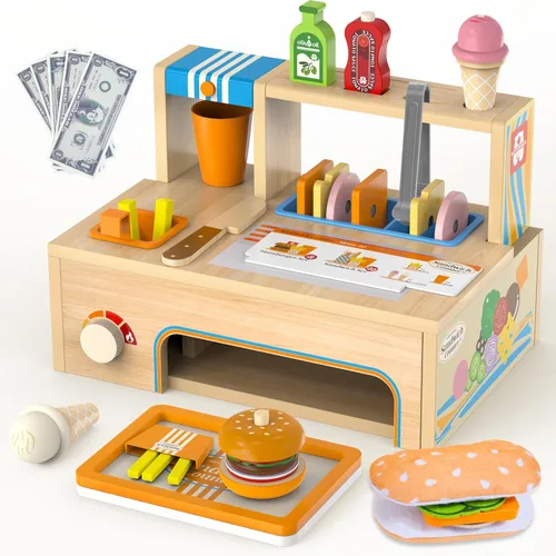 Juegos de comida plegables de madera para jugar, contador de sándwiches con almacenamiento, 56 piezas de juguete de cocina de juego de simulación,