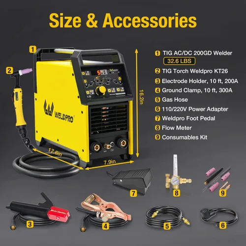 Miniatura 7 de Weldpro TIG Soldador AC/DC 200A con pulso, soldador TIG de aluminio 110V/220V con antorcha TIG AC TIG/DC TIG/AC PULSE TIG/DC PULSE TIG/Stick Máquina