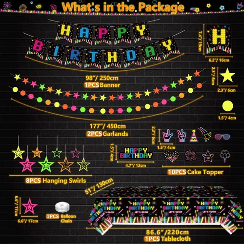 Miniatura 6 de 241 piezas de suministros para fiestas de neón brillante, juego de vajilla de neón brillante, globos de neón que brillan en la oscuridad, pancarta