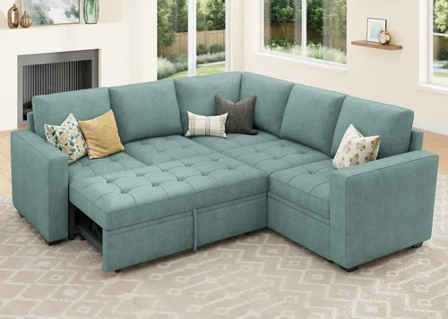 Miniatura 18 de HONBAY Sofá cama modular modular con cama extraíble, sofá en forma de L con asiento de almacenamiento, sofás seccionales para sala de estar, beige