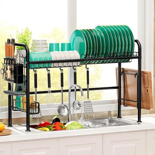 MOUKABAL Escurridor de platos de metal para fregadero, escurridor de cocina y mostrador de almacenamiento, organizador de cocina para fregadero de
