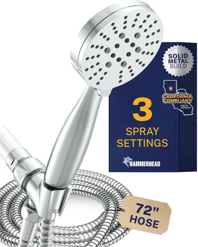 Miniatura 16 de HammerHead Showers Solid Metal 3-Spray Handheld Shower Head with Long Hose and Holder, High Pressure, Wide/Massage/Mist Sprays, Brushed Nickel, 1.75