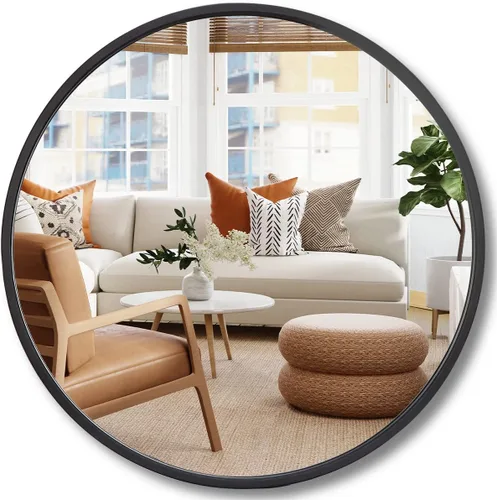 ZenStyle Espejo de pared circular de 18 pulgadas, color negro, espejo de baño con marco de metal grande con ganchos prefijados para un fácil