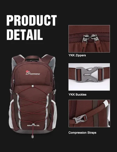 Miniatura 7 de MOUNTAINTOP Mochila de senderismo de 25 litros, mochila de viaje ligera para hombres y mujeres, mochileros al aire libre, camping Granate