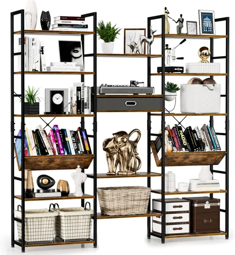 Miniatura 10 de NUMENN Estantería Triple Ancha de 5 Niveles, Estantes de Libros Ajustables de Estilo Industrial Rústico, Librerías y Estanterías Modernas Muebles