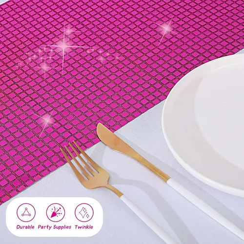 Miniatura 5 de Durony Paquete de 2 caminos de mesa disco de 11 x 108 pulgadas, espejo rosa intenso con laminado de purpurina y lentejuelas brillantes