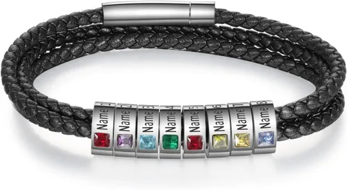 Miniatura 12 de Pulsera personalizada para el Día del Padre para hombre, pulseras personalizadas de cuero trenzado negro con cuentas grabadas de 1 a 8 nombres