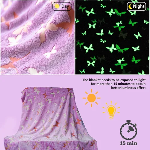 Miniatura 3 de Manta de mariposa que brilla en la oscuridad con bolsa de almacenamiento, el mejor regalo manta suave para niñas y niños, manta de campamento