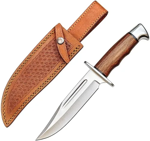 H & H BLADES Cuchillo Bowie de acero D2 hecho a mano de 14 pulgadas con funda de cuero, cuchillo de caza con mango de madera duradero, ideal para