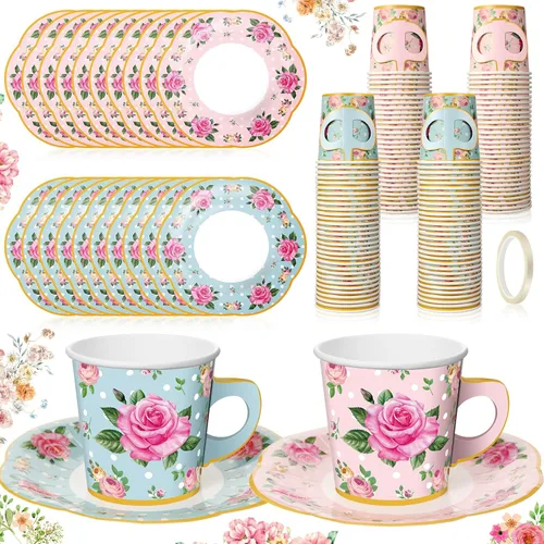 Miniatura 9 de Umigy 60 juegos de decoraciones para fiestas de té, 6.5 onzas, tazas de té de papel floral de hadas con asa y platos, juegos de tazas de té y Azul