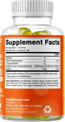 Miniatura 8 de Vitamatic Suplemento semanal de vitamina D3 sin azúcar de 50,000 UI - 60 gomitas a base de pectina Vitamina D de alta potencia para huesos, dientes