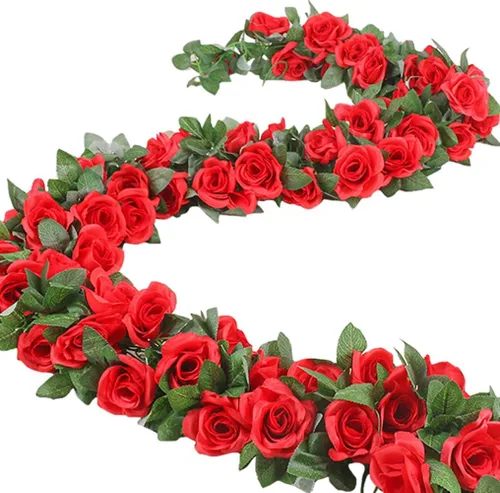 Miniatura 9 de Guirnalda de vid de rosas falsas de 16 pies, plantas artificiales para colgar, hiedra rosa, hogar, hotel, oficina, boda, fiesta, decoración