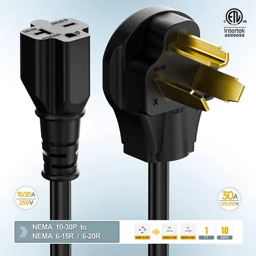 Miniatura 6 de Enchufe de secadora Nema 10-30P de 30 amperios macho a 6-20R T-Blade Hembra, 30A 125/250V Enchufe de 3 clavijas a 20A 250V 6-20/15R Adaptador 12-AWG