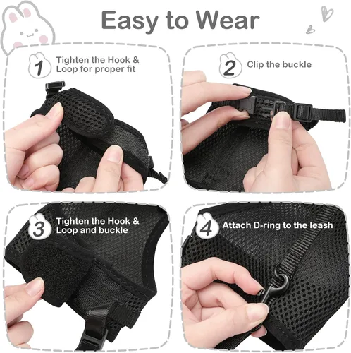 Miniatura 3 de PETTOM Arnés para conejos con correa elástica, lindo arnés ajustable con hebilla, chaleco de malla transpirable para gatitos y mascotas pequeñas