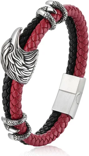 Pulsera de cuero trenzado de dos filas de garra de cabeza de águila vikinga de acero vintage para hombre, color negro y rojo, Cuero, No es una