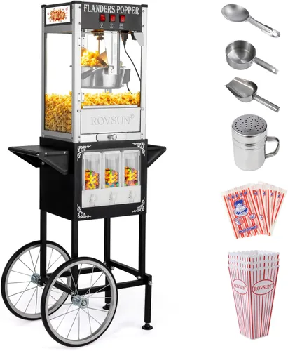 Máquina de palomitas de maíz ROVSUN con carro, ruedas y hervidor de 8 onzas, hace hasta 32 tazas, máquina de palomitas con dispensadores de Negro