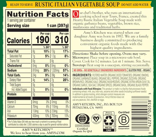 Miniatura 10 de Sopa Amy's, vegana, sin gluten, orgánica de verduras italianas rústicas (champiñones, arroz integral y frijoles) 14 oz (paquete de 12)
