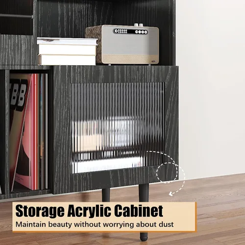 Miniatura 4 de HedoAjim Soporte grande para tocadiscos con almacenamiento de vinilo, soporte para tocadiscos con puerta acrílica, mesa auxiliar para tocadiscos