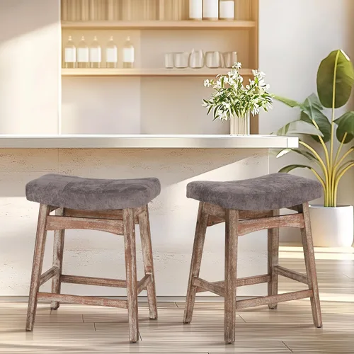 Miniatura 8 de ALPHA HOME Taburete de bar, taburete de cocina de silla de montar de madera maciza con cojín de tela de lino beige, taburete de bar de altura
