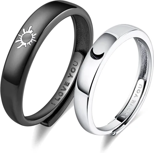 Beydodo Anillos de plata 925 personalizados ajustables con sol y luna a juego grabados I LOVE YOU Anillos para parejas Anillos de boda