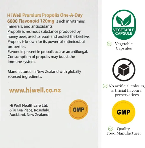 Miniatura 6 de (3 unidades) Hi Well Premium Propolis One-A-Day 6000 Flavonoide 120mg 150Cápsulas