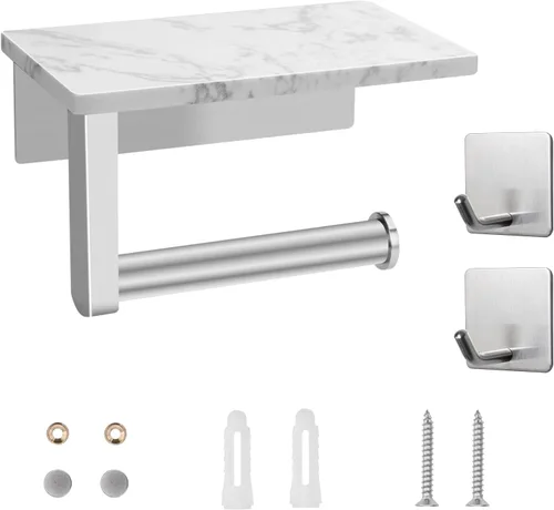 Miniatura 5 de Soporte de papel higiénico con estante de mármol, soporte de papel higiénico montado en la pared de acero inoxidable SUS304 y 2 ganchos adhesivos