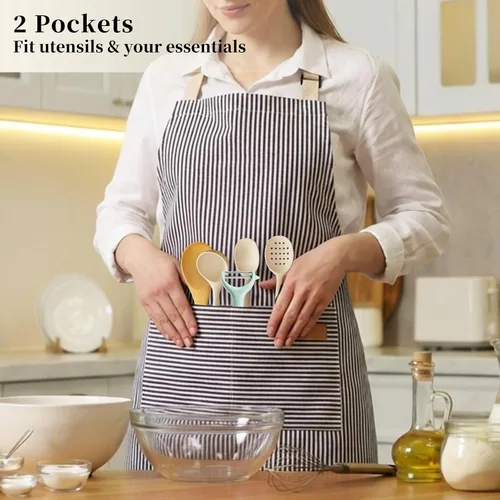 Miniatura 6 de Paquete de 2 Delantales de Cocina Ajustables con Peto para Mujeres con 2 Bolsillos, Delantales de Cocina Restaurante para Hombres Chefs
