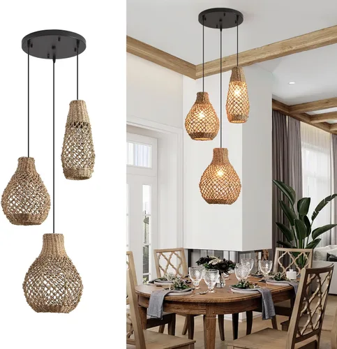 Lámpara colgante de ratán de 3 luces, estilo bohemio, tejido de mimbre, costero, para colgar en el techo, para cocina, isla, sala de estar, comedor