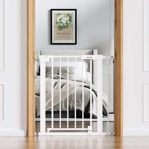 BABELIO Puerta de seguridad temporal para puertas y escaleras, de 66-79 cm, puerta para mascotas con amplia puerta de paso y indicador de cerradura,
