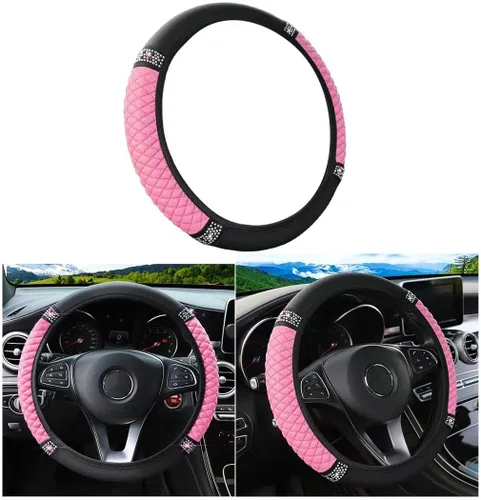 Miniatura 11 de Osilly Funda brillante para volante de automóvil, 15 pulgadas, con diamantes de imitación brillantes, piel suave, protector elástico, para mujeres