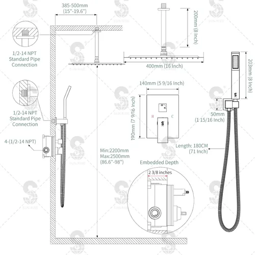 Miniatura 9 de SR SUN RISE Sistema de Ducha de Níquel Cepillado de 16 Pulgadas para Baño de Lujo con Mezclador de Lluvia, Juego Combinado de Ducha con Cabezal