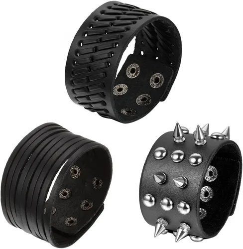 Miniatura 16 de OIDEA Assorted 3pcs Mens Punk Multistrand Leather Braided Bangle Cuff Bracelet for Biker Dad Father Size Adjustable