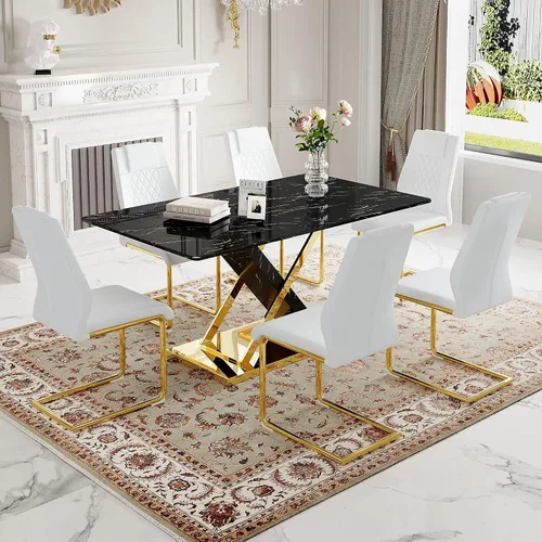 Miniatura 39 de Juego de mesa de comedor de mármol para mesa rectangular blanca de 4.63 pulgadas con marco de metal plateado en forma de X y 4 sillas de comedor