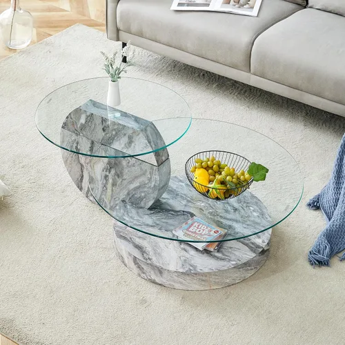 Miniatura 9 de Mesa de centro de vidrio de 35.4 pulgadas, mesa de centro redonda pequeña, mesa de vidrio templado de 2 niveles con base de madera, mesa central