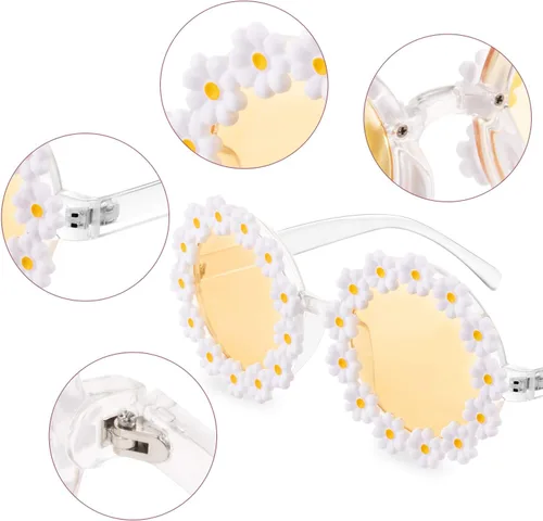 Miniatura 4 de 2 pares de lentes de sol de margarita para mujer, gafas redondas de flores para adultos y niños, decoración con bolsa de franela de tela para gafas