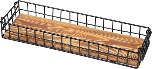 Miniatura 3 de Bandeja de madera marrón rústica con marco de alambre de metal industrial, asas de malla, caja de exhibición rectangular de madera, mesa de cocina
