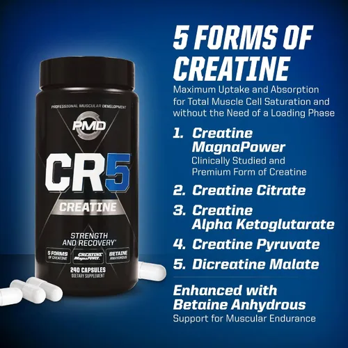 Miniatura 7 de PMD Sports CR5 Professional Creatina Complejo – Recuperación mejorada, reduce el dolor, ganador de masa muscular magra – Mezcla de creatina Power 5