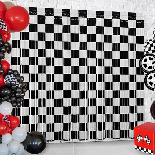 Miniatura 7 de Decoración de telón de fondo de serpentinas para fiesta de cumpleaños de auto de carreras, 2 piezas de cortina de flecos de papel de aluminio a