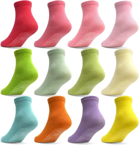 Tphon Calcetines Antideslizantes para Niñas Pequeñas Calcetines Antideslizantes para Bebés con Agarres para Niños y Niñas 12 Pares para Niños de 0-7