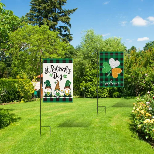 Miniatura 6 de Boao Bandera de jardín del día de San Patricio, trébol de gnomo de 18 x 12 pulgadas, bandera de jardín de trébol verde irlandés, bandera de jardín